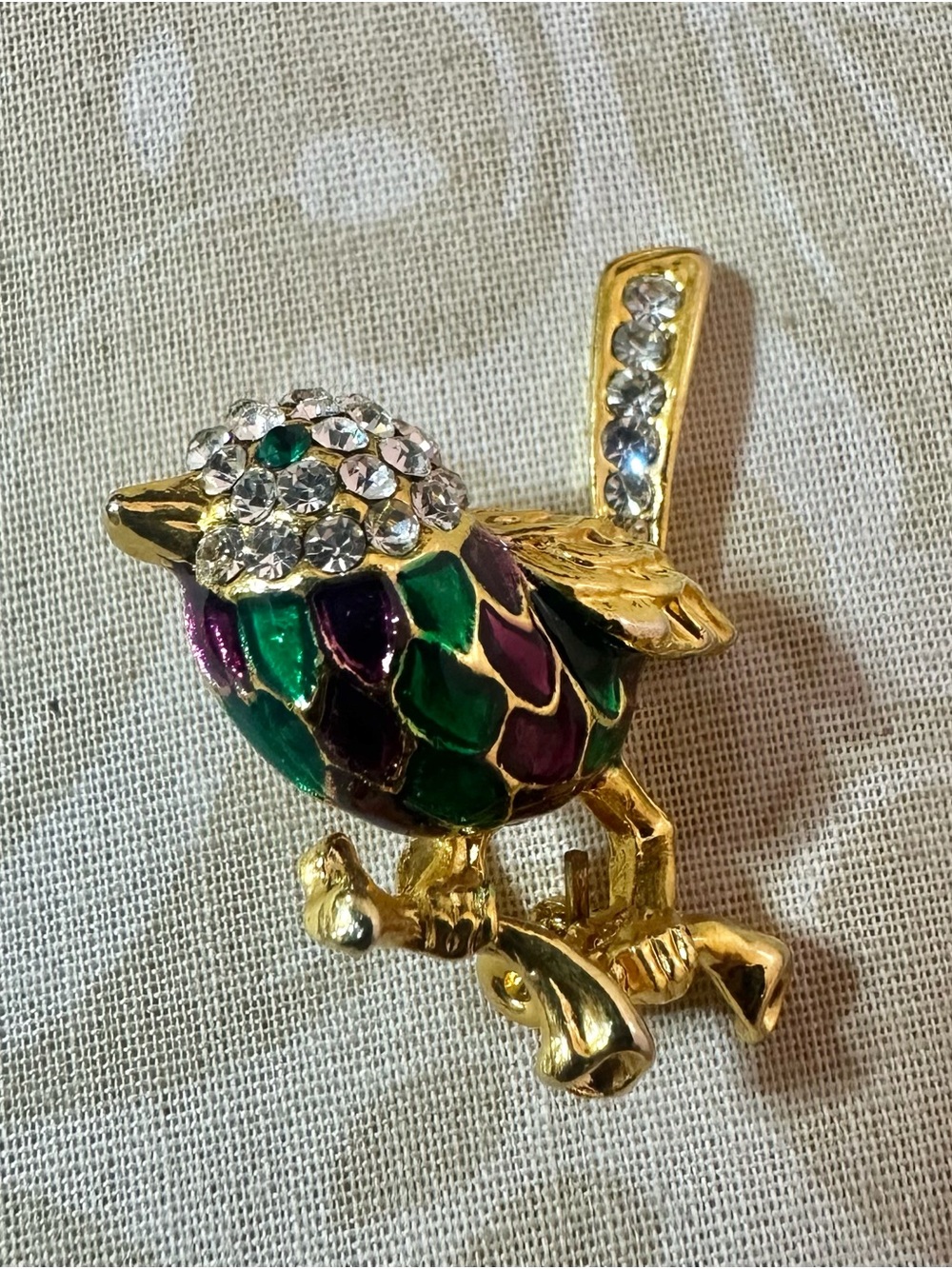 Macy's Gold-Tone Bird Brooch with Green and Purple Enamel and Clear Crystals